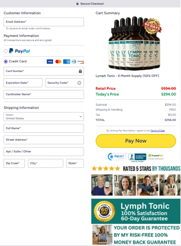 Secure SSL encrypted checkout badge protecting Lymph Tonic customer payment information